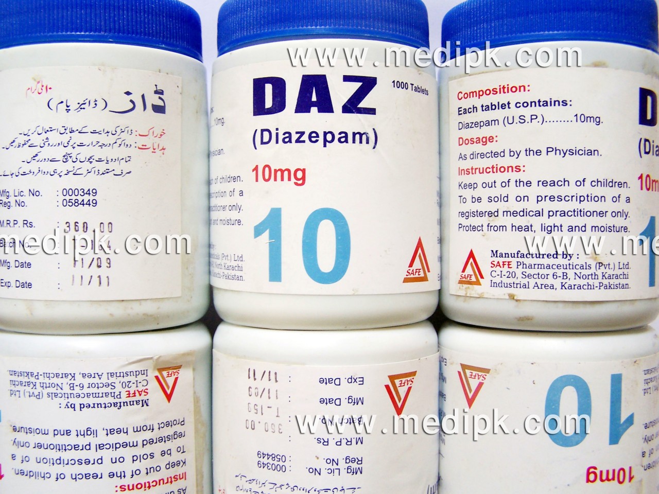 Generic Daz (Diazepam) 10mg by safe pharma 1000 Tablets / Tub