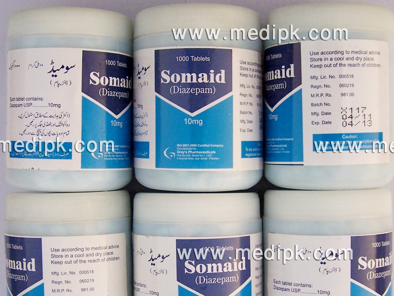 Somaid Diazepam 10mg by grays pharmaceuticals 1000 Tablets / Tub